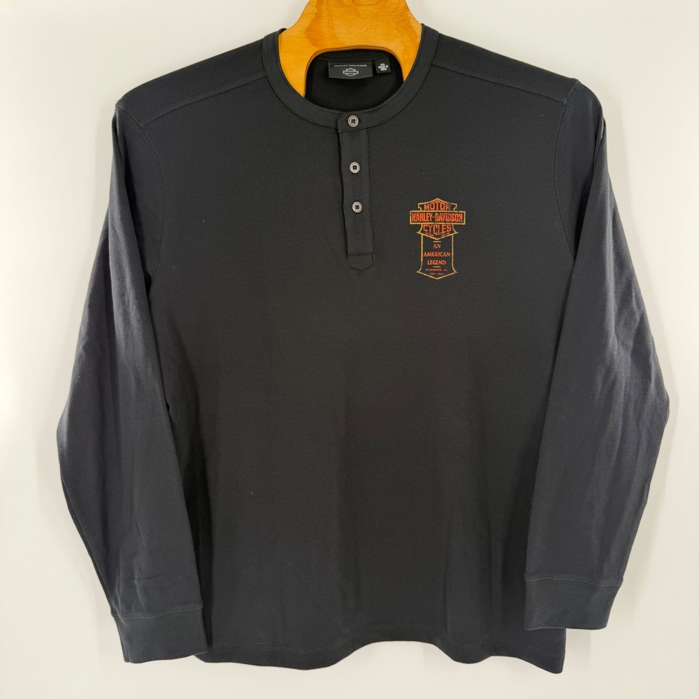 NWoT Harley-Davidson Mens Black Waffle Knit Thermal Henley Long Sleeve Shirt 2XL